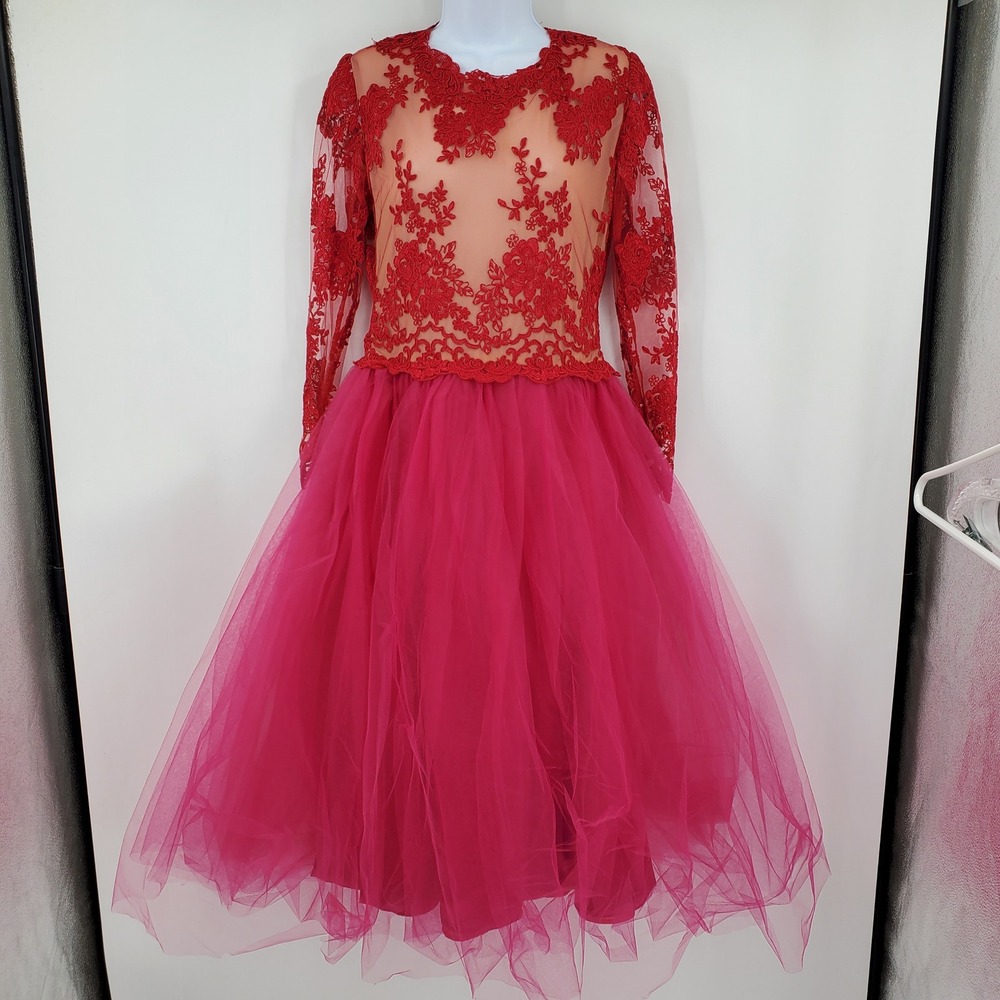 Red Lace Floral Long Sleeve Fuchsia Tulle Tea Length Party Dress Formal‎ Gown